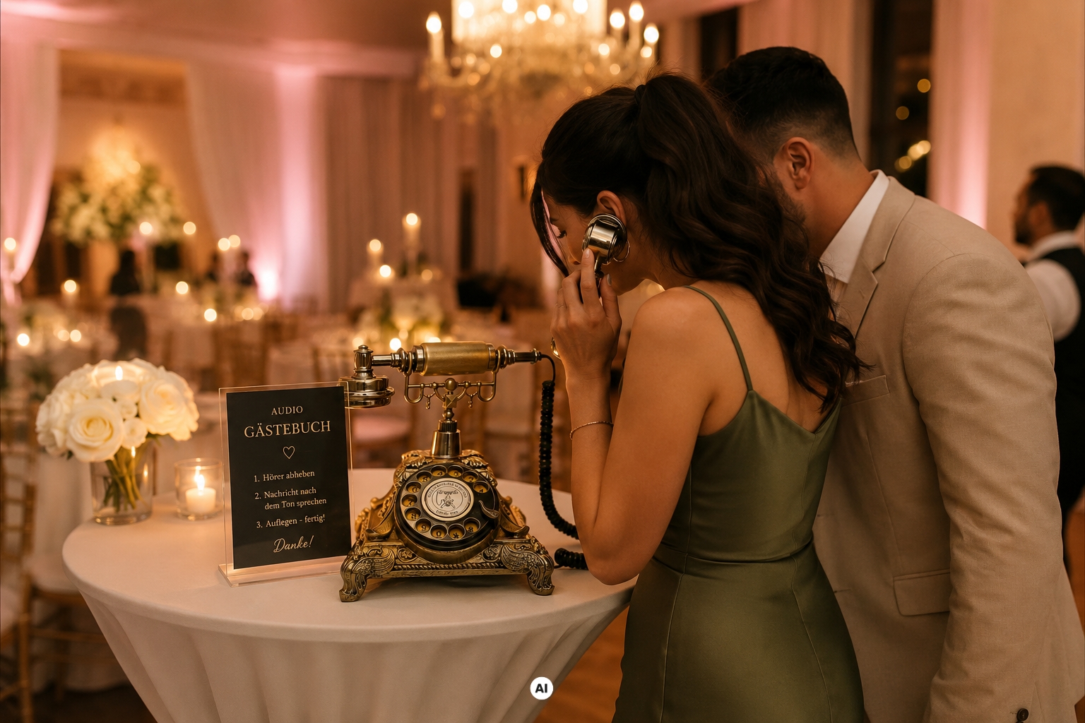 Die KUYI Fotobox ist auf einer Hochzeit aufgestellt & Gäste schießen Fotos.